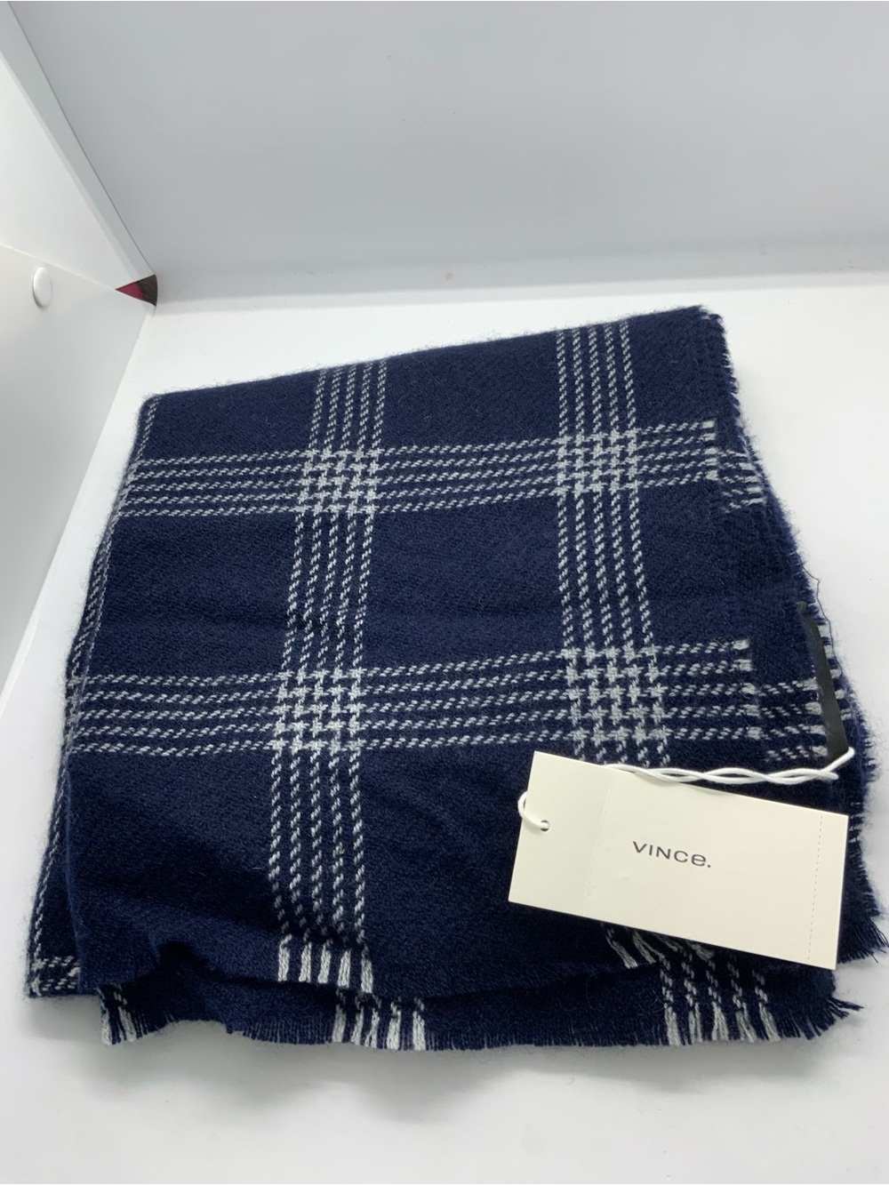 VINCE Classic Navy Plaid Winter Scarf - Women - Picture 5 of 5